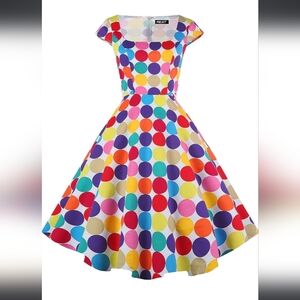 PUKAV Polka-dot Cocktail Dress Cap Sleeve 1950 Retro Swing Dress w/ Pockets Smal